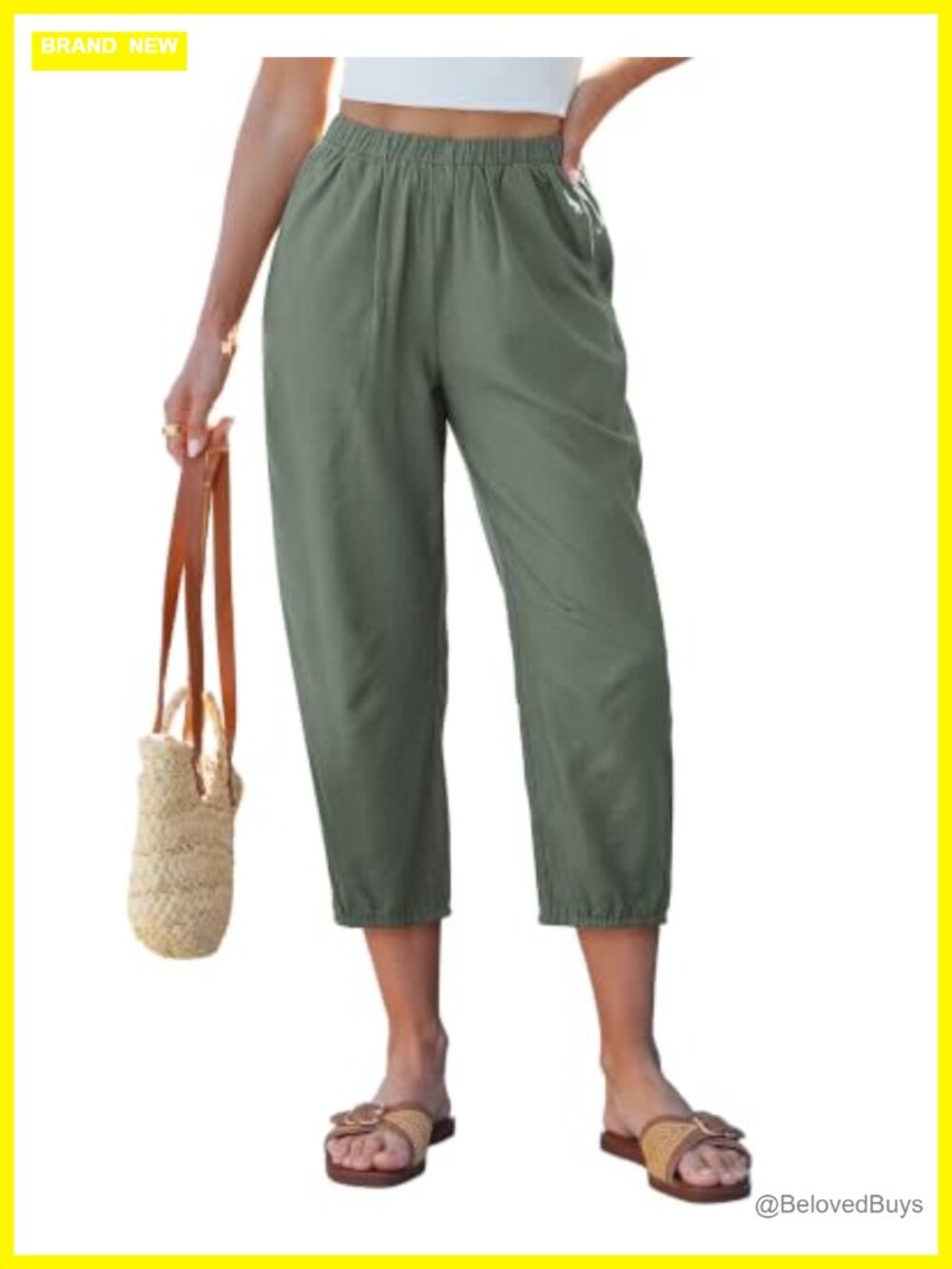 Linen Barrel Leg Capri Pants High Waisted Pull On Summer Beach